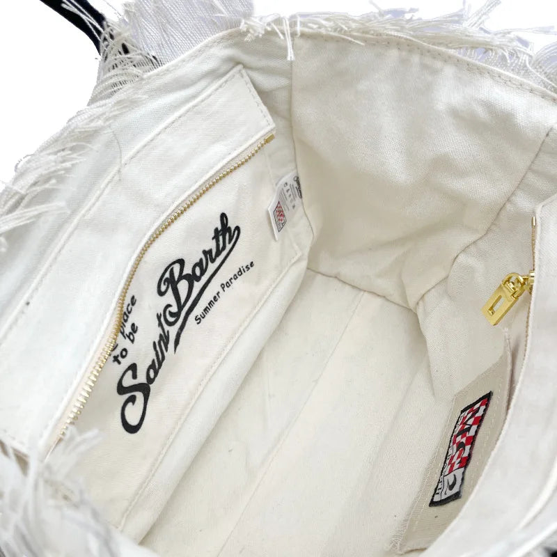 Borsa a mano Saint Barth 2025, casual da spiaggia, con nappa, grande capacità, in tela bianca, piccola tote bag